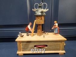 Vintage Erzgebirge Germany Reuge Wood Hand Crank Music Box Feeding Doves