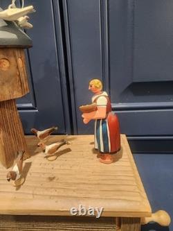 Vintage Erzgebirge Germany Reuge Wood Hand Crank Music Box Feeding Doves