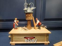 Vintage Erzgebirge Germany Reuge Wood Hand Crank Music Box Feeding Doves