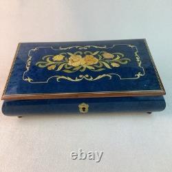Vintage Handmade Royal Blue Floral Wood Inlay-REUGE Music BoxITALY