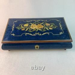 Vintage Handmade Royal Blue Floral Wood Inlay-REUGE Music BoxITALY