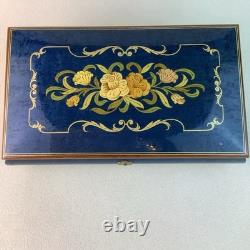 Vintage Handmade Royal Blue Floral Wood Inlay-REUGE Music BoxITALY