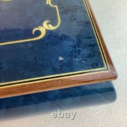 Vintage Handmade Royal Blue Floral Wood Inlay-REUGE Music BoxITALY