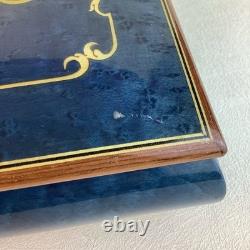 Vintage Handmade Royal Blue Floral Wood Inlay-REUGE Music BoxITALY