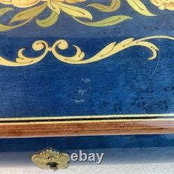 Vintage Handmade Royal Blue Floral Wood Inlay-REUGE Music BoxITALY