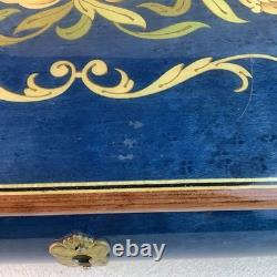 Vintage Handmade Royal Blue Floral Wood Inlay-REUGE Music BoxITALY