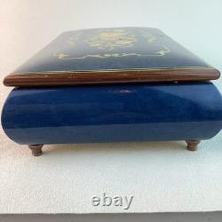Vintage Handmade Royal Blue Floral Wood Inlay-REUGE Music BoxITALY