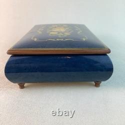 Vintage Handmade Royal Blue Floral Wood Inlay-REUGE Music BoxITALY