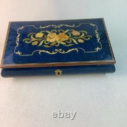 Vintage Handmade Royal Blue Floral Wood Inlay-REUGE Music BoxITALY