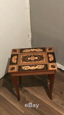 Vintage Italian Inlaid Marquetry Reuge Music Box Table 17 Tall