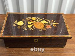 Vintage Italian Marquetry Floral Inlay Reuge Musical Jewelry Box Swiss Movement