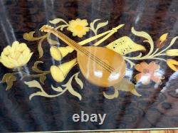 Vintage Italian Marquetry Floral Inlay Reuge Musical Jewelry Box Swiss Movement