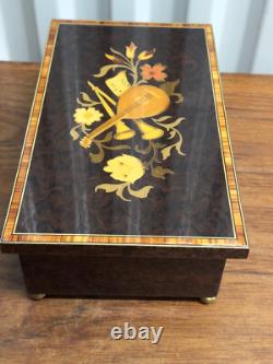 Vintage Italian Marquetry Floral Inlay Reuge Musical Jewelry Box Swiss Movement