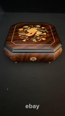 Vintage Italian Marquetry Musical Inlay Reuge Musical Jewelry Box Swiss Movement