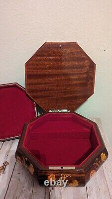 Vintage Italian Music Jewelry Box Wood Marquetry Swiss Movement Octagon Reuge 9