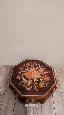 Vintage Italian Music Jewelry Box Wood Marquetry Swiss Movement Octagon Reuge 9