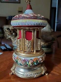 Vintage Italy Reuge music box lipstick cigarette porcelain carousel