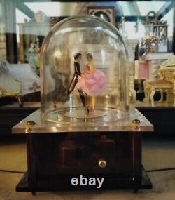 Vintage Japan Dancing Twirling Dome Music Box Couple Figurine Reuge Mechanical