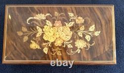 Vintage Lacquered Wood Jewelry Music Box, Inlaid Flowers Made In Sorrento, Italy