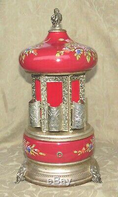 Vintage Large Red Enamel Reuge Santa Lucia Music Box Carousel Lipstick Holder