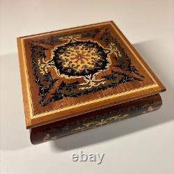 Vintage Mid Century REUGE Marquetry Wooden Musical Trinket Box WithKey