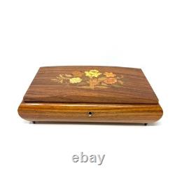 Vintage REUGE Italian Wood Inlay Jewelry Music Box 5.5x10.5x2 Brown