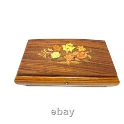 Vintage REUGE Italian Wood Inlay Jewelry Music Box 5.5x10.5x2 Brown