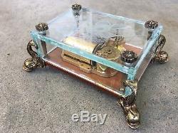 Vintage REUGE Music Box Etched Clear Glass Case Dolphin Legs Swiss Switzerland
