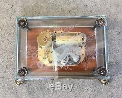 Vintage REUGE Music Box Etched Clear Glass Case Dolphin Legs Swiss Switzerland