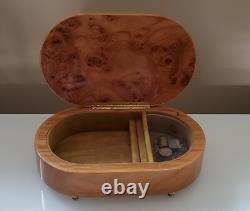 Vintage REUGE SWISS MUSIC Sunrise Sunset ITALY Wood Inlaid oval Jewelry BOX 9.2