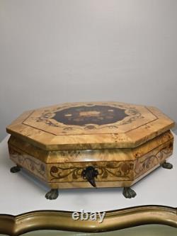 Vintage Rare Swiss Reuge Marquetry Music Box, Italian Inlaid, Claw Feet, 13 V. G. C