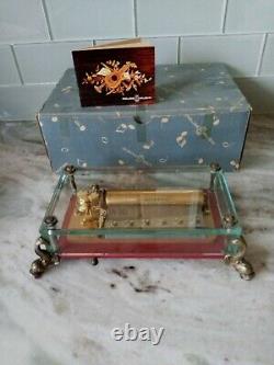Vintage Reuge 72 Notes Music Box Clear Glass Case w Original Box Dolphin Legs