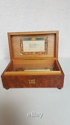 Vintage Reuge Burl Wood with Mountain Scene Inlay, 4 Song, 50 note Music Box