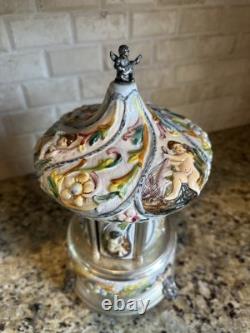 Vintage Reuge Capodimonte Porcelain Musical Lipstick Carousel/Holder, Functional
