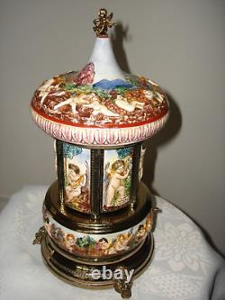 Vintage Reuge Carousel Lipstic Cigarette Style Cherubs Music Box Italy 14 Tall