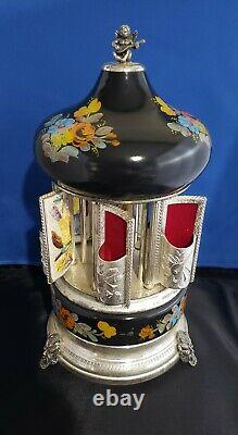 Vintage Reuge Carousel Music Box Cigar Lipstick Jewelry Holder Black