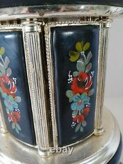 Vintage Reuge Carousel Music Box Cigar Lipstick Jewelry Holder, Black with Flowers