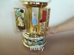 Vintage Reuge Dancing Ballerina Music Box Carousel Holder Gold Leaf & Porcelain