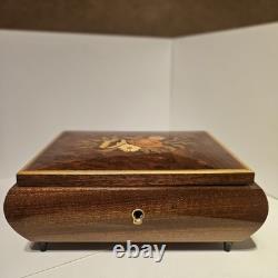 Vintage Reuge Italian Floral Inlaid Wooden Music Box Swiss Movement MID CENTURY