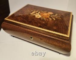 Vintage Reuge Italian Floral Inlaid Wooden Music Box Swiss Movement MID CENTURY