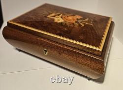 Vintage Reuge Italian Floral Inlaid Wooden Music Box Swiss Movement MID CENTURY