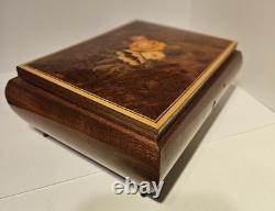 Vintage Reuge Italian Floral Inlaid Wooden Music Box Swiss Movement MID CENTURY