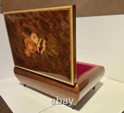 Vintage Reuge Italian Floral Inlaid Wooden Music Box Swiss Movement MID CENTURY