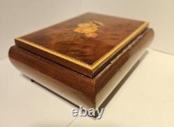 Vintage Reuge Italian Floral Inlaid Wooden Music Box Swiss Movement MID CENTURY