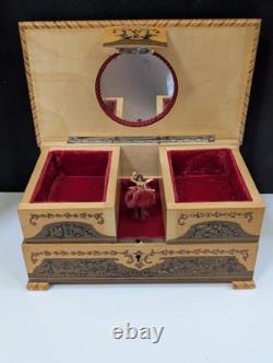 Vintage Reuge Italy Inlaid Wood Marquetry Fold Out Jewelry Box Red