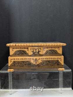 Vintage Reuge Italy Inlaid Wood Marquetry Fold Out Jewelry Box Red
