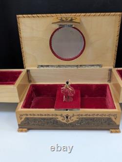 Vintage Reuge Italy Inlaid Wood Marquetry Fold Out Jewelry Box Red
