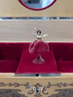 Vintage Reuge Italy Inlaid Wood Marquetry Fold Out Jewelry Box Red