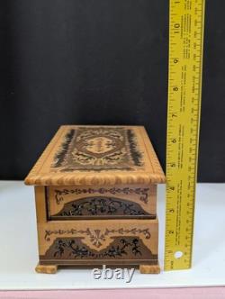 Vintage Reuge Italy Inlaid Wood Marquetry Fold Out Jewelry Box Red
