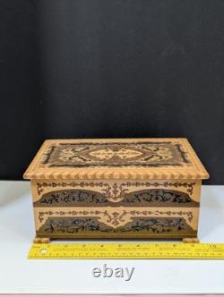 Vintage Reuge Italy Inlaid Wood Marquetry Fold Out Jewelry Box Red